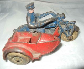 Antique Hubley Cast Iron Champion Police Motorcycle With Side Car Toy