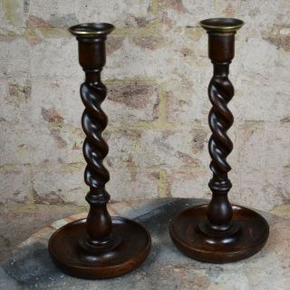 Antique Oak Pair Barley Twist Candlesticks Candle Holders Dining Brass Topped