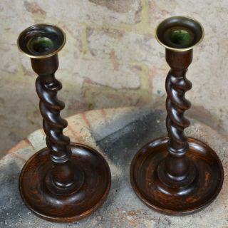 Antique Oak Pair Barley Twist Candlesticks Candle Holders Dining Brass Topped 2