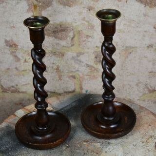 Antique Oak Pair Barley Twist Candlesticks Candle Holders Dining Brass Topped 3