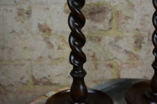Antique Oak Pair Barley Twist Candlesticks Candle Holders Dining Brass Topped 5