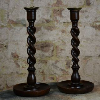 Antique Oak Pair Barley Twist Candlesticks Candle Holders Dining Brass Topped 7