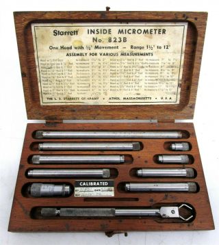 Antique Starrett 823b Inside Micrometer Set In Wood Case 1 - 1/2 " To 12 "