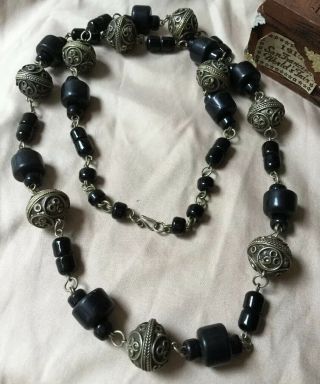 Antique Yemeni Silver Filigree Black Bead Necklace Ethic Tribal Moroccan 132g