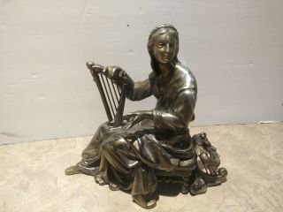 Vintage Cast Metal (bronze?) Woman Playing Harp Figure