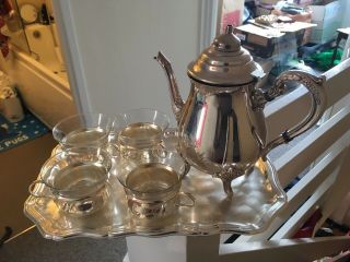 Vintage Silver Plated Sheffield Coffee Pot Or Teapot And Glass Cups With Tray