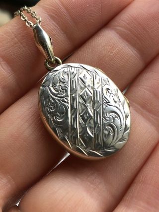 Antique Victorian Silver Front And Back Locket And Chain Etched Decoration