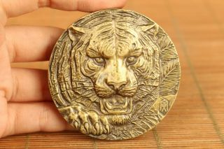 Old Copper Hand Carving Fierce Tiger Statue Collectable Coin Noble Gift