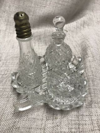 Antique Eapg Pressed Cut Glass Mini Salt Cellar Pepper Vinegar Oil Cruet Set