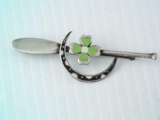 Antique Art Deco Sterling Silver Enamel Lucky 4 Leaf Clover Row Boat Ore Pin