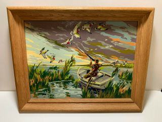 Vtg Paint By Numbers Pbn " Duck Hunting " 1957 Framed Art Canoe Ducks Rare