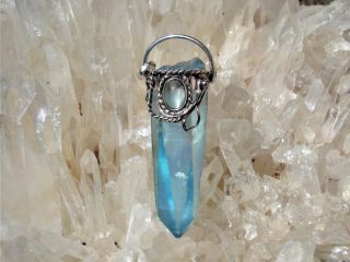 Aqua Aura Lemurian Crystal,  Moonstone Antique Style Silver Pendant - All Chakras