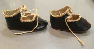 Antique German 1900s Doll Shoes 2 " Long Black Leather W Stitching