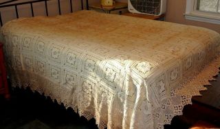 Antique Hand Crafted Crotched Full/queen Tea Stained Coverlet Bedspread 88 X 94