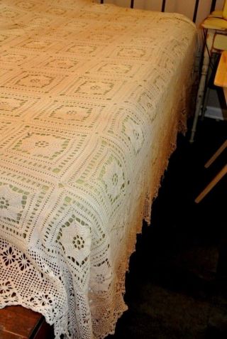 Antique Hand Crafted Crotched Full/Queen Tea Stained Coverlet Bedspread 88 X 94 5