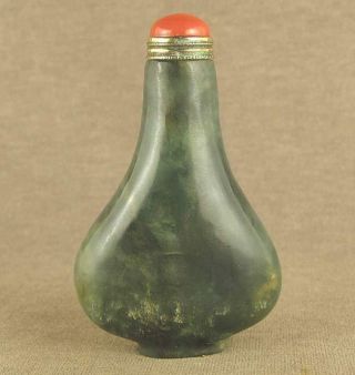 Bottle Green Long Neck Chinese Jade Snuff Bottle With Red Coral Top Lid