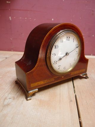 Antique Edwardian Inlaid Mahogany Cased Mechanical Mantle Clock In Order