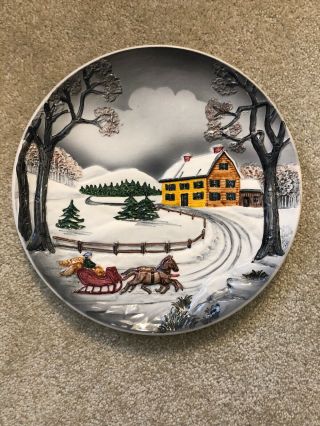 Vintage Ceramic Hanging Decorative Plate Winter Sleigh Made In Western Germany