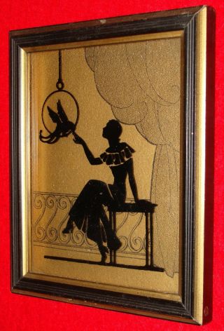 Pair Deco 1933 Deltex Reverse Glass Silhouette Pictures w/ Pet Bird Themes 3