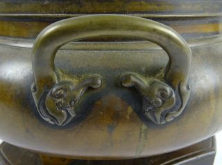 RARE Antique Meiji Japanese Bronze Habachi mounted on Oak Stand Japan c1900 4
