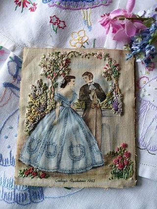 Vintage Hand Embroidered Picture Of Embroidery & Textile Art With Crinoline Lady