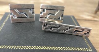Vintage Signed Cbs Mexican Sterling Silver Taxco Cufflinks & Tie Bar Set