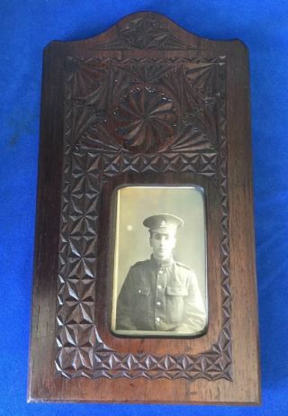 Antique Carved Oak Frame - Ww1 Young Photo Soldier - Military