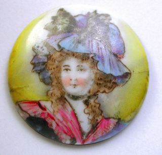 Lg Sz Antique Porcelain Button With Colorful Pretty Woman Image - 1 & 1/4 "