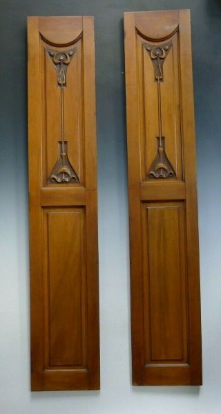 2 X Antique Tall Art Nouveau Carved Wooden Panels Panelling Wall Hanging