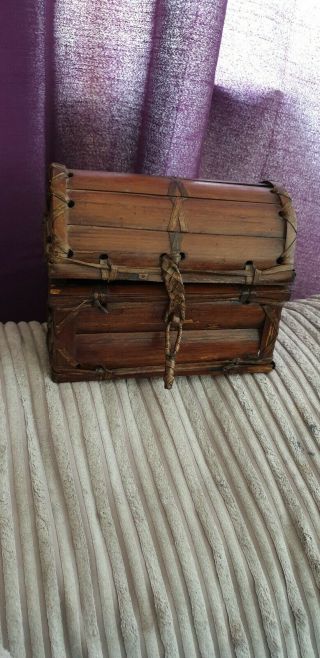 Vintage Unusual Hand Made Wooden Bamboo Small Chest Box Storage Rustic Unique