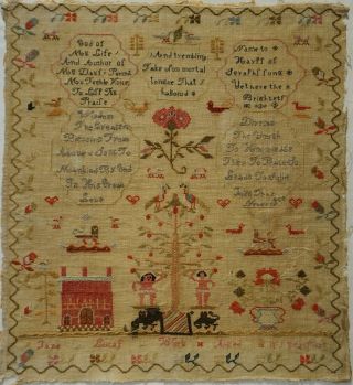 Early/mid 19th Century Adam & Eve & Red House Sampler By Jane Lucas Age 11 18