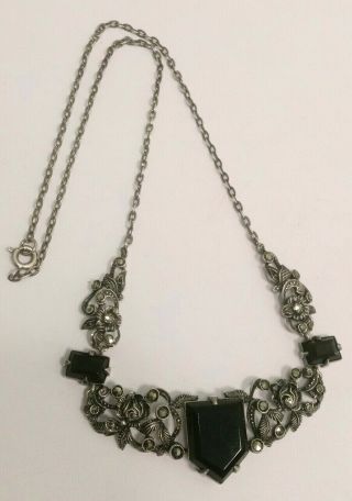 Vintage Or Antique Sterling Silver Marcasite Onyx Drop Pendant Necklace