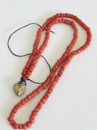 Antique Victorian Natural Coral And Gilt Metal Heart Necklace.
