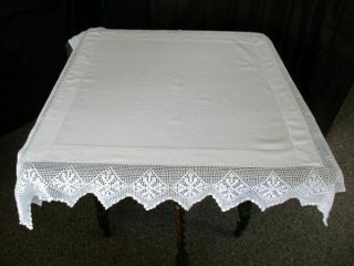 Antique Tablecloth - Hand Crochet Edge - Linen - 40 " Sq.