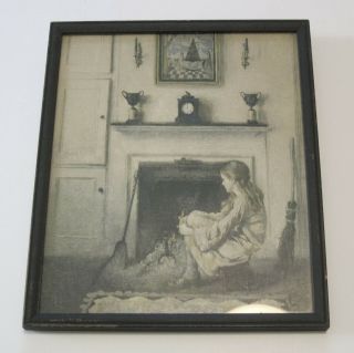 Vintage Framed Picture Of Young Girl By Fireplace