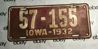 Antique 1932 Iowa License Plate Audubon County 57 - 155
