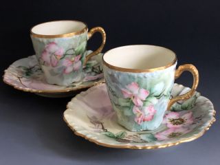 Set Of 2 Antique J.  P.  L France Hand Painted Porcelain Demitasse Cups & Saucers