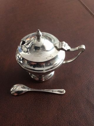 Silver Mustard Pot And Spoon With Blue Liner