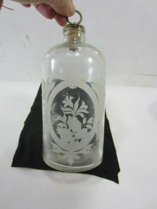 Antique Etched Glass Perfume Bottle With Cork Cap