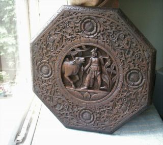 Old Antique Hand Carved Wooden Figural Wall Plaque Indian C.  1890 India Wood Fine
