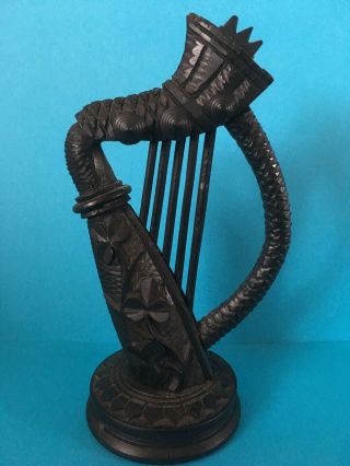 Vintage Hand Carved Celtic Irish Bog Oak Wood Treen Harp
