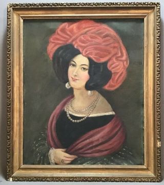 Ca.  1900 Antique Victorian Lady Portrait Old Wild West Saloon Girl Oil Painting