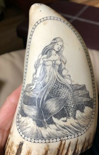 Vintage Faux Resin Nude Mermaid Maritime Whaling Scrimshaw Tooth