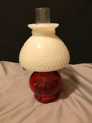Antique Red Glass Oil Lamp With White Milk Glass Hobnail Shade Lighting