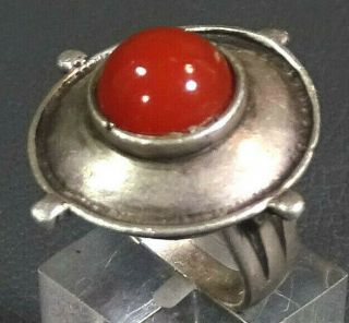 Antique 925 Sterling Silver&carnelian Gemstone Cabochon Bead Shield Ring Jewelry