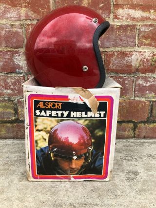 Allsport 1977 Red Metal Flake Motorcycle Safety Helmet Nos
