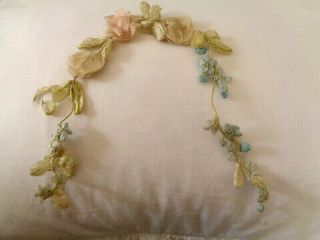 Victorian French Silk Ribbonwork Rose,  Leaves And Forget Me Nots Vines 13 1/2 "