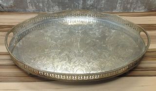 Vintage Large Oval Silver Plate On Copper Tray With Feet - Hand Made In England