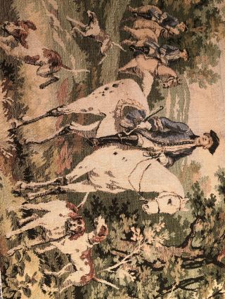 Antique French Tapestry Wall Hanging 53” X 19” Nobility On A Hunt In The Forest