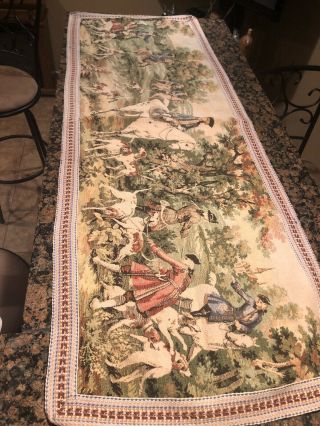 Antique French Tapestry Wall Hanging 53” x 19” Nobility on a Hunt In the Forest 2